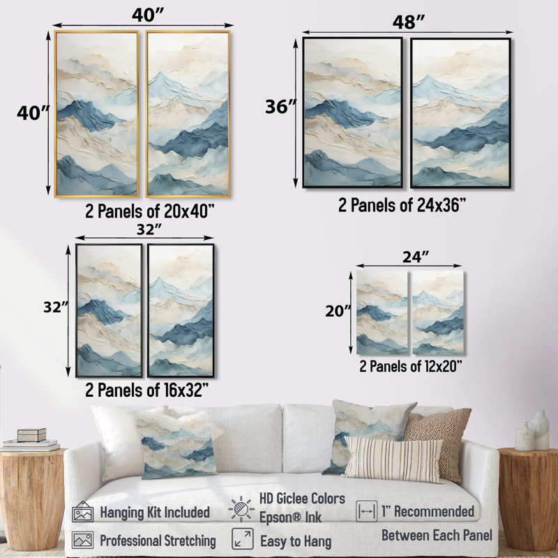 Minimalisme gris et bleu brise de montagne - Art mural traditionnel, H 36 po x l 48 po, Noir