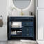 Meuble-lavabo bleu de 90,4 cm (35,6 po) avec lavabo en verre antique, armoire de rangement et surface résistante à l'usure, style médiéval autoportant, tiroirs.