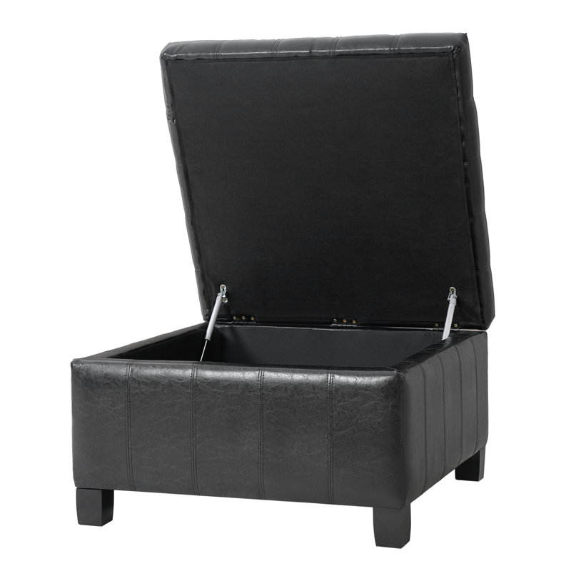 Repose-pieds de rangement en polyuréthane noir avec pieds en bois d'hévéa, Noir