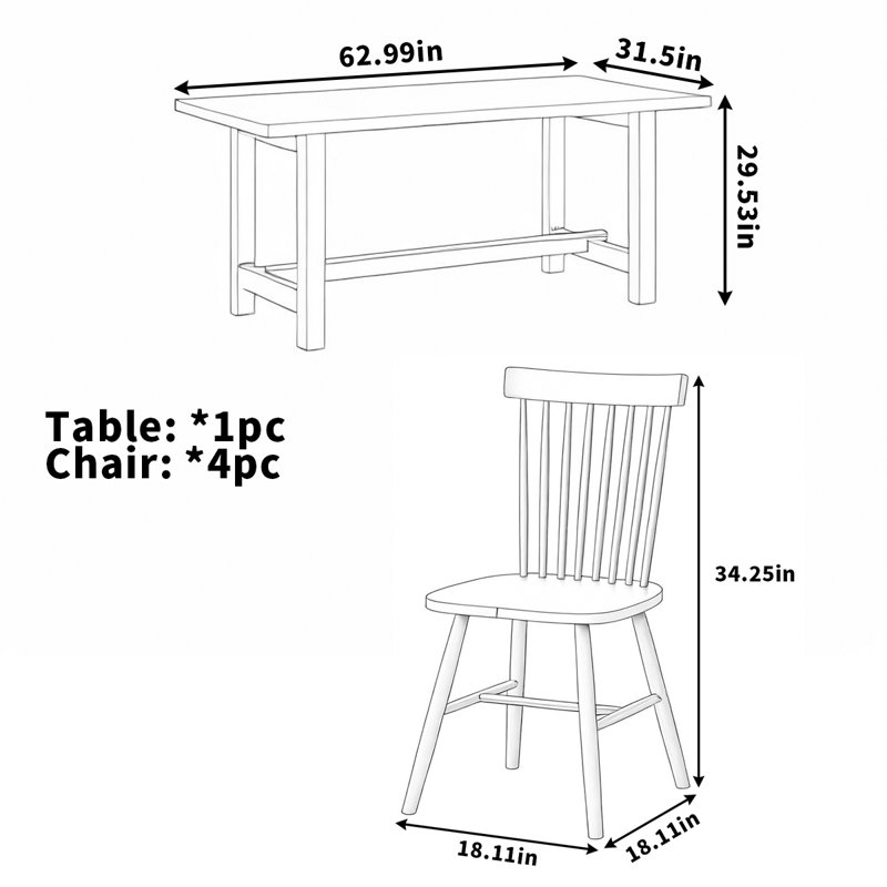 Table de salle à manger en bois massif et bois de cerisier, H 29,53 po x L 62,99 po x l 31,5 po