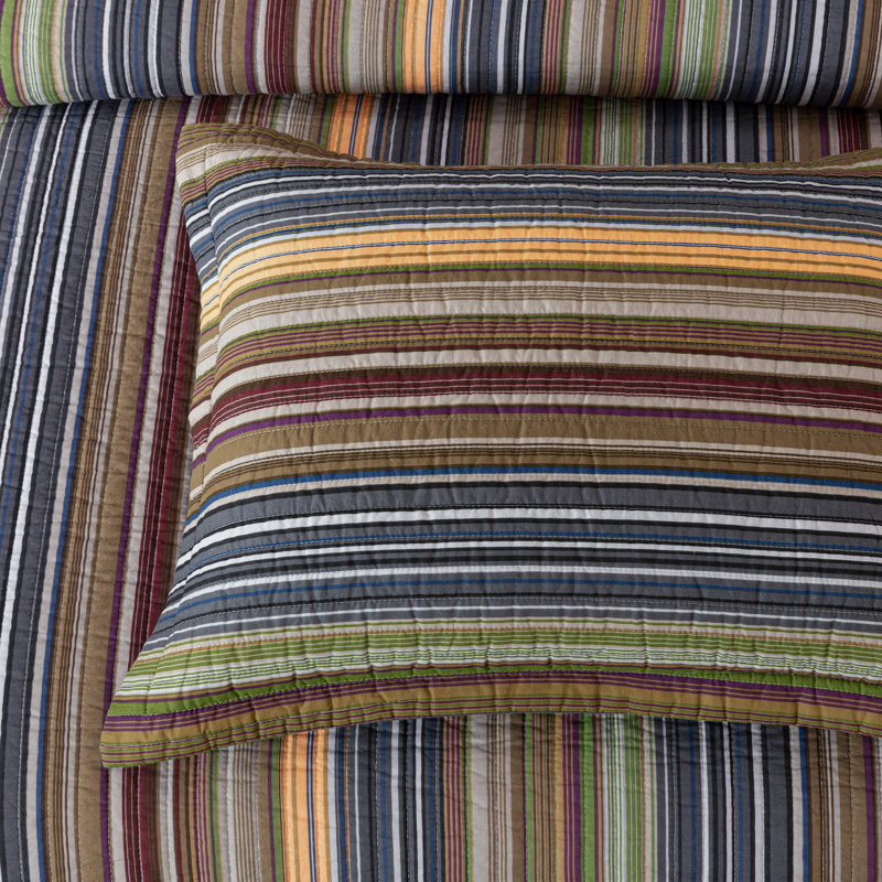 Avery Striped Pre-Washed Cotton Quilt Set, Queen Quilt + 2 Standard Shams, Green/Navy/Brown