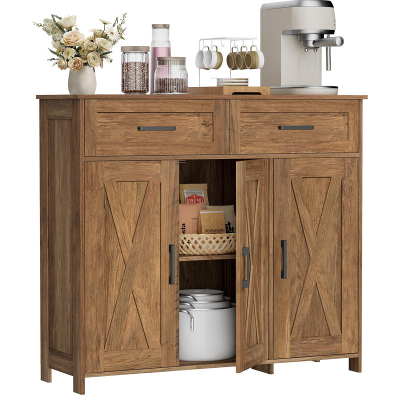 Buffet de style champêtre de 90 cm (35,4 po), meuble de rangement pour coin café avec tiroirs et portes, Noyer rustique
