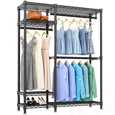 Organisateur de garde-robe autoportant avec 6 tablettes réglables en fil métallique et 3 portemanteaux