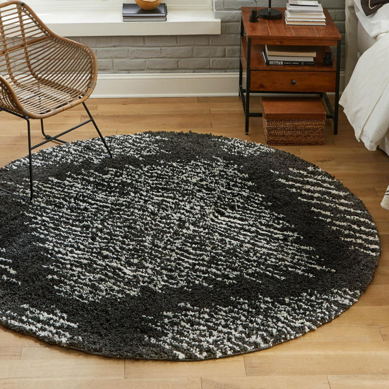 Tapis noir / blanc à motif abstrait Rodney, Rond 10 pi