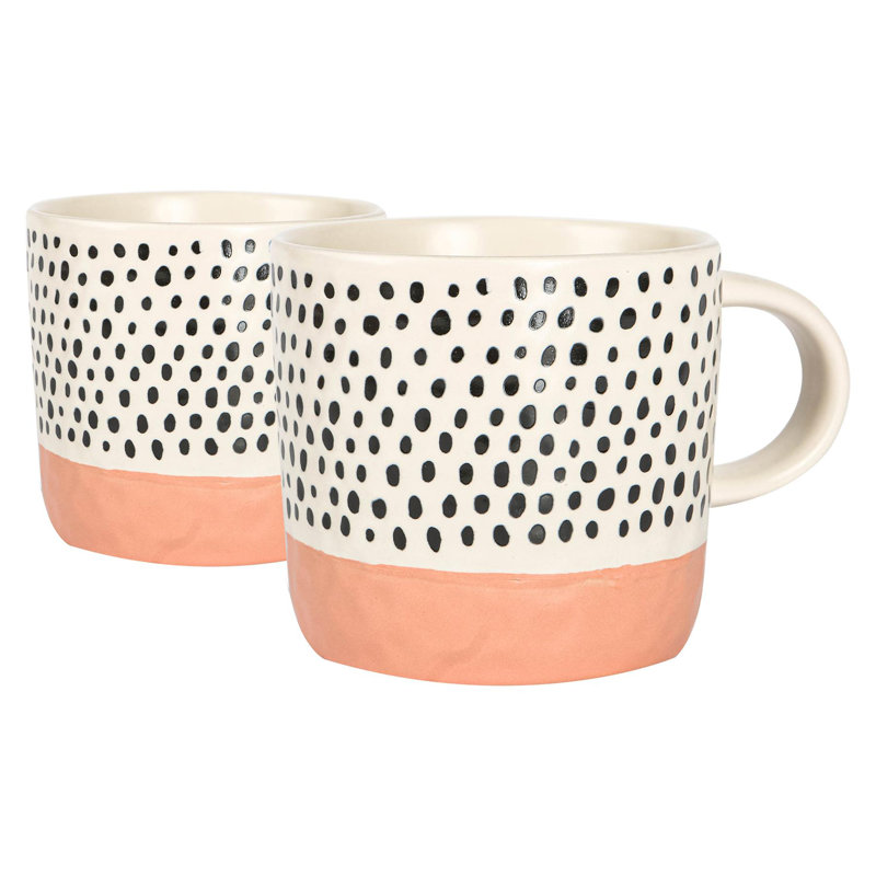 Nicola Spring - Dipped Dotty Stoneware Coffee Mugs - 385ml - Set of 2, Pink
