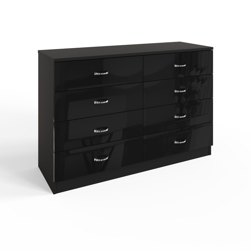 Brendle 8 Drawer Chest: 113cm Wide - High Gloss Front with Chrome Handles, Scratch Resistant., Black