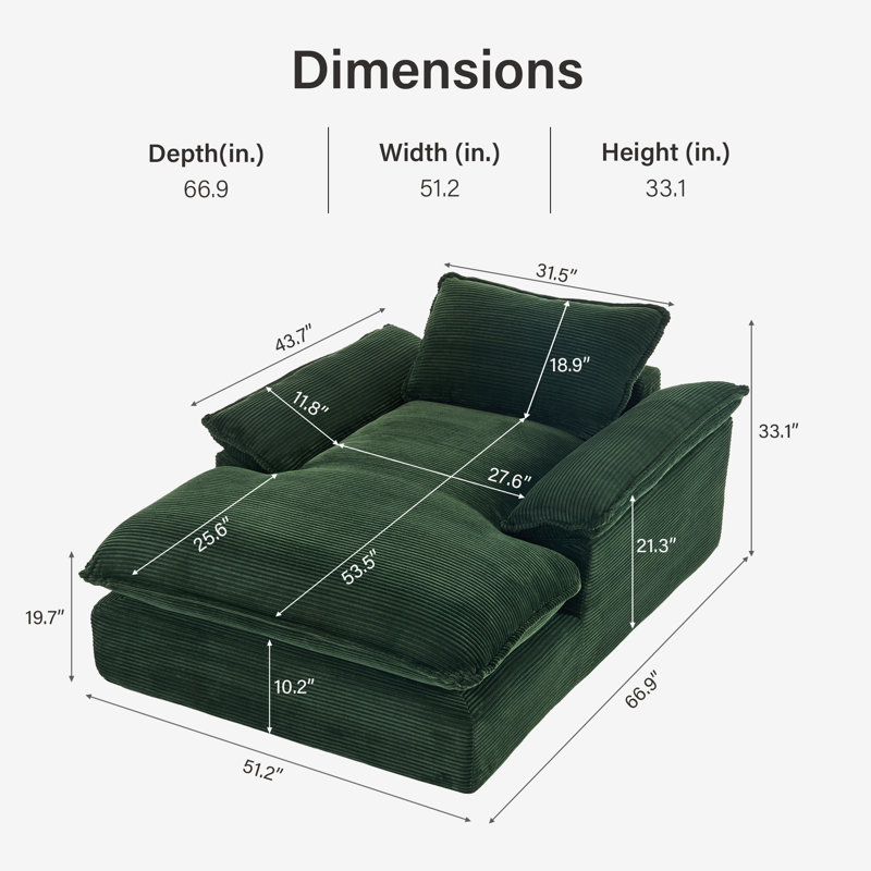 Chaise longue en velours côtelé, coussin et dossier amovibles, siège très large, aucun assemblage requis, Vert