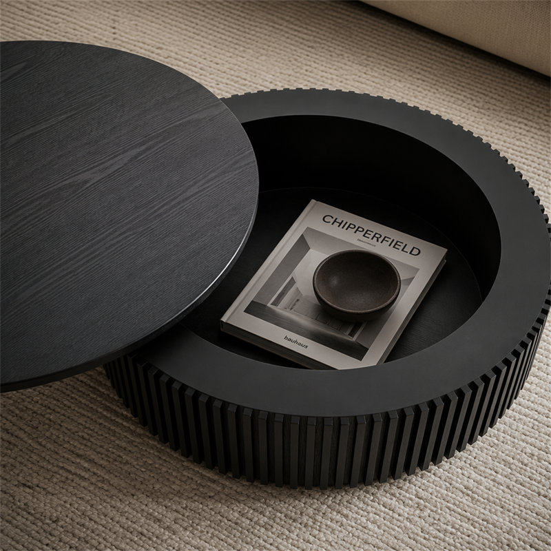 Table basse 31,5 "ronde avec rangement Table d'appoint moderne en placage de bois massif, Noir