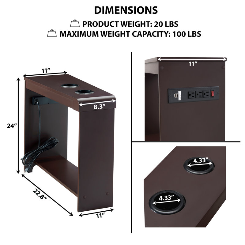 Table de chevet moderne Aagot avec station de charge, table de bout avec ports et prises USB, table de chevet avec rangement pour chambre à coucher, petits espaces et appartements