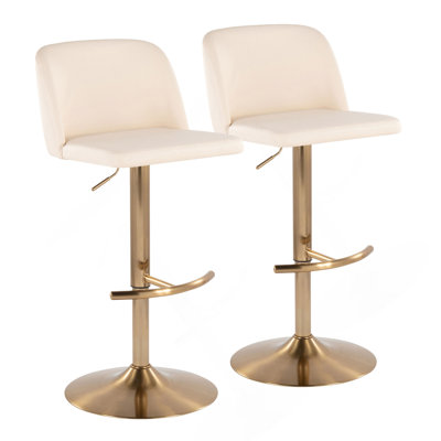 Toriano Contemporary Adjustable Barstool With Swivel In Cream Faux Leather And Gold Metal With Rounded T Footrest By Lumisource - Set Of 2