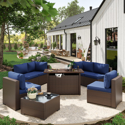 Caradog Wicker 6 - Person Patio Conversation Sets with Cushions, Coffee Table and 44" Fire Pit Table
