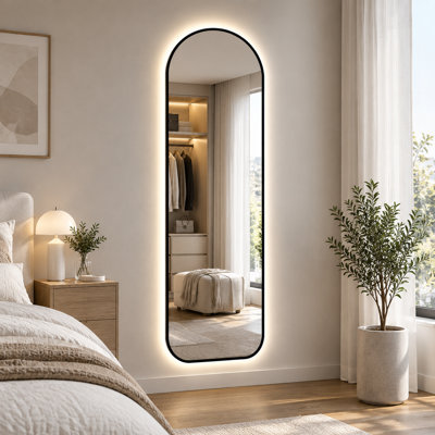 Miroir arqué 65 po x 24 po à DEL pleine longueur, miroir mural rétro-éclairé avec cadre mince en aluminium noir, 3 températures de couleur et gradation continue, verre HD pour la chambre à coucher, le placard et le vestiaire