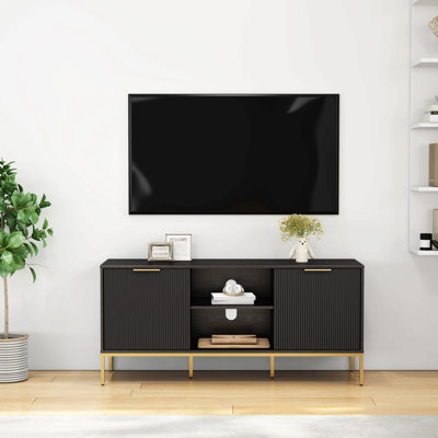 Modern Tv Stand With Wave-Design Doors,Golden Legs And Handles ,Soft-Close Hinges,Open Shelf & Adjustable Shelf - Stylish And Functional