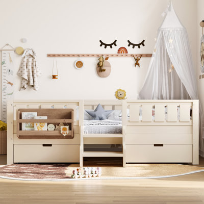 Full Size Kids Bed with Bookshelf, Storage Drawers, Built-In Staircase and Safety Guardrails, Pine Wood Children's Bed,Beige