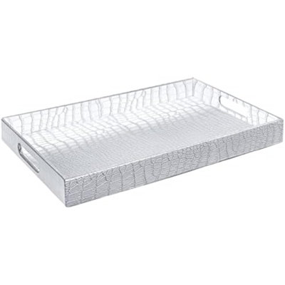 18"X12" Silver Glossy Crocodile Faux Leather Serving Tray Beautiful Modern Elegant Decorative Tray With Handles Ottoman Coffee Table Ottoman Perfume Makeup Display For All Occasion's