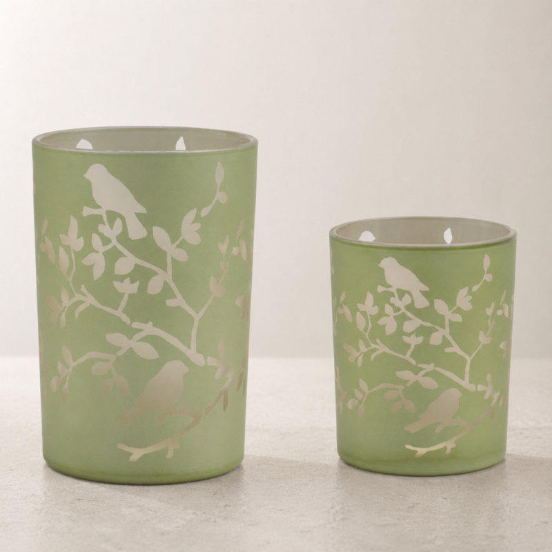 Frosted Floral Bird Votive Candle Holder, 4.9" H x 3.85" W x 3.85" D