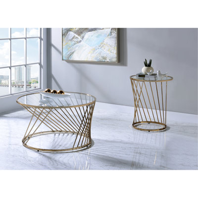Table basse en verre transparent de couleur champagne avec base cylindrique en métal, 32 x 32 x 18 po, 33 lb moderne et base - choix polyvalent