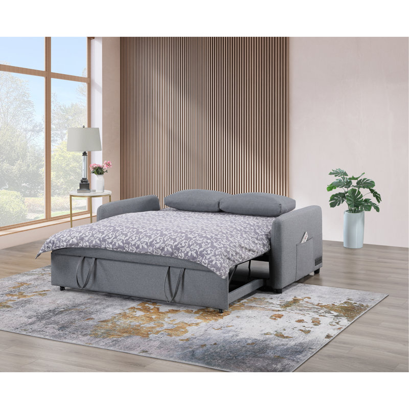 Canapé-lit convertible 69 po en lin gris avec ports USB, prises de courant, poches, coussins, capitonnage