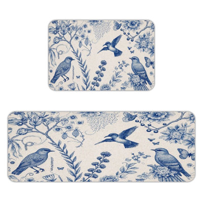 Blue Bird & Floral, Kitchen Mats Set of 2