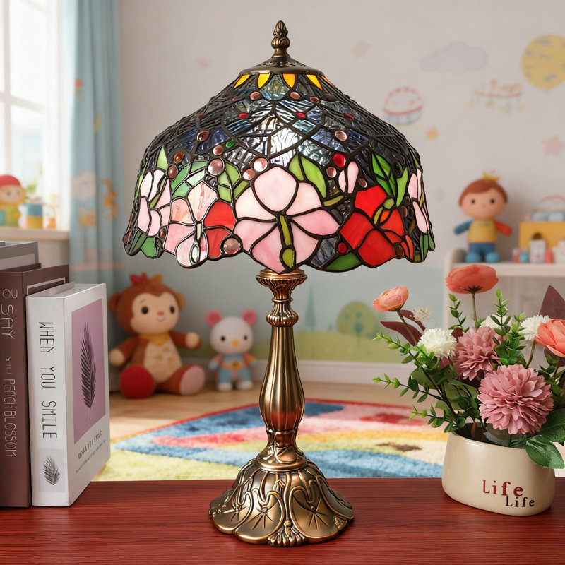 Lampe de table de style Tiffany avec abat-jour en verre coloré et base en résine, ampoule à 3 voies pour le décor du bureau de la chambre à coucher