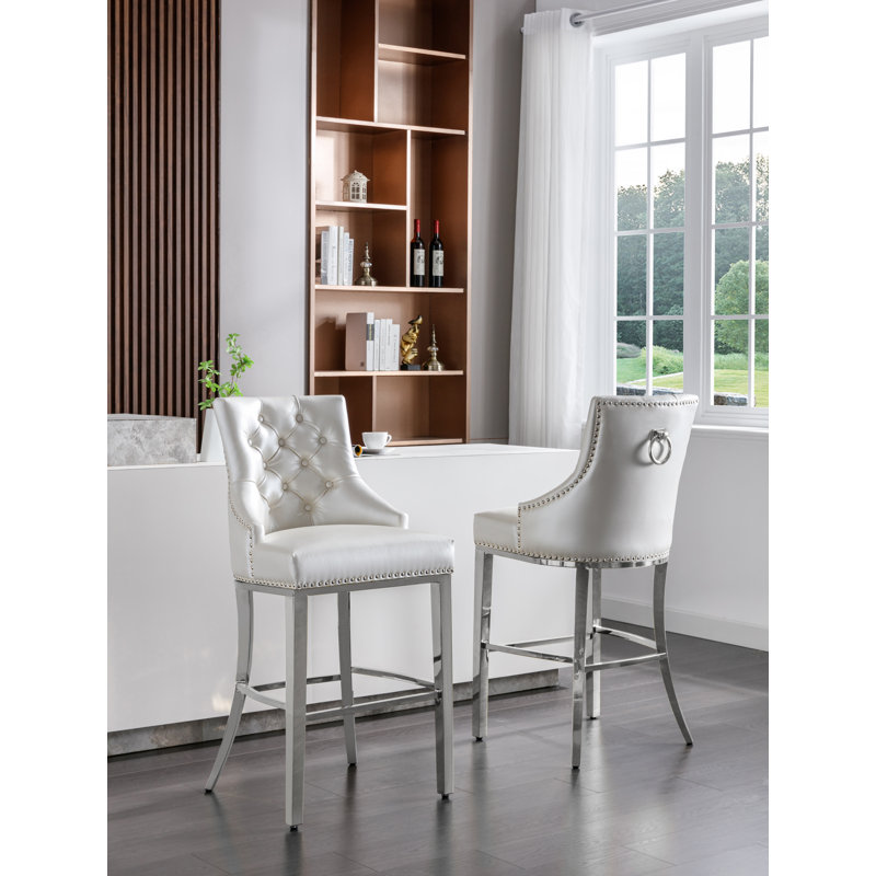 Kairin Upholstered Counter Stool, Barstool (45" Seat Height), White / Silver