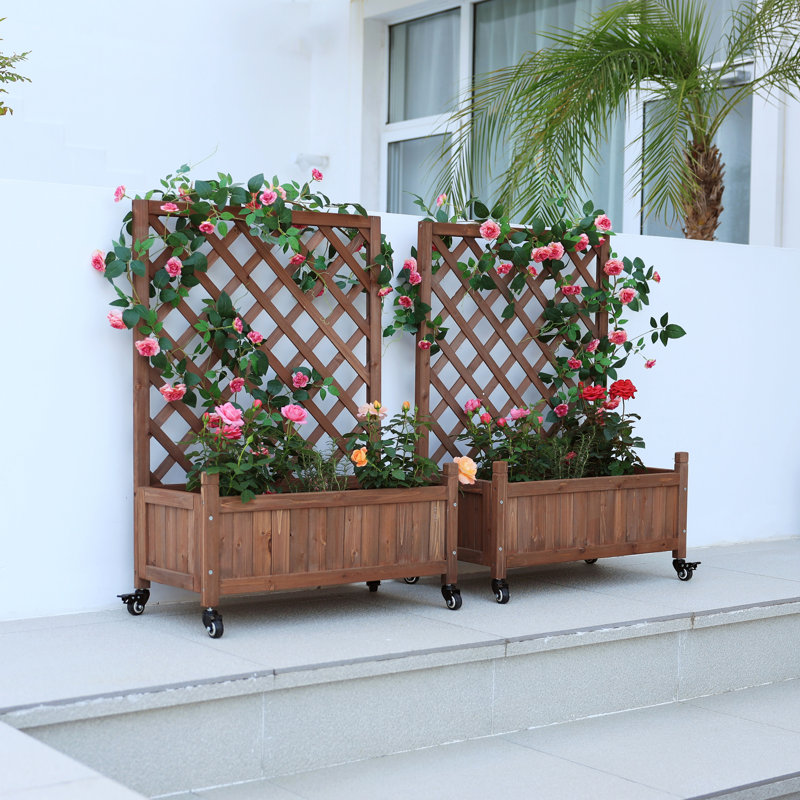 37'' H  2 Piece  Mobile Outdoor Raised Garden Bed Wood Planter Box with Trellis and wheels, Brown
