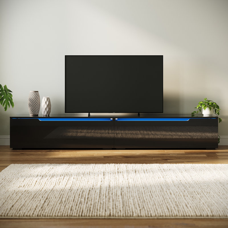 Floating TV Cabinet with RGB LED Light, Wall Mounted TV Stand, Soft Close Flip Doors Cable Hole, 30cm H x 200cm W x 35cm D
