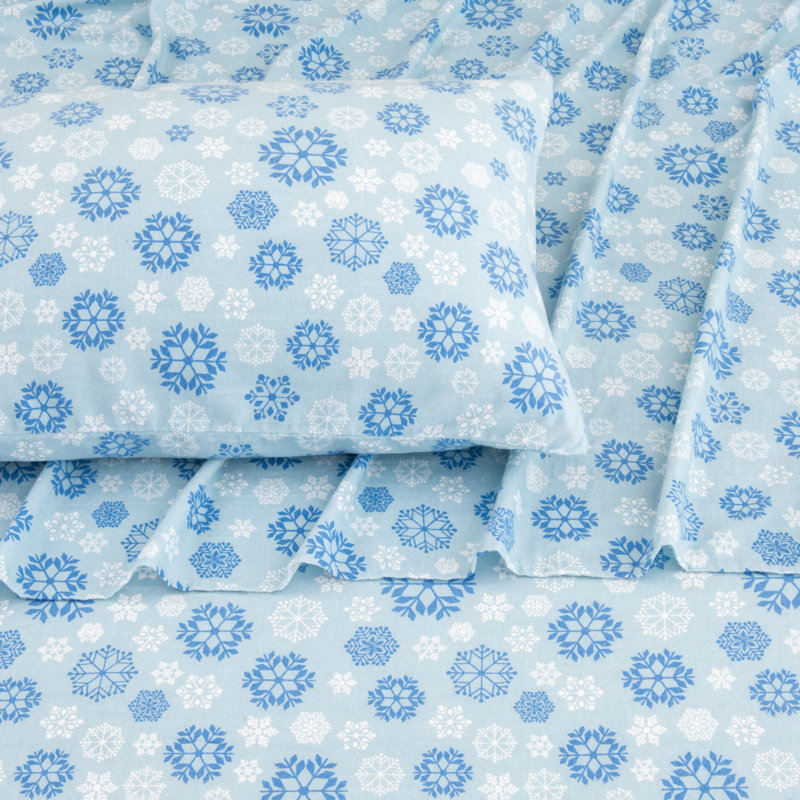 100% Turkish Cotton Flannel Christmas Sheet Sets, Blue Snowflake, Queen with 2 Pillowcases