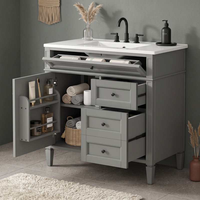 Meuble-lavabo simple avec comptoir en céramique et tiroirs de rangement, Gray