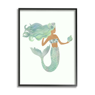 Jade, sirène tenant une coquille de fleur, personnage de fantaisie surdimensionné, art numérique sur estampe numérique par Laura Konyndyk