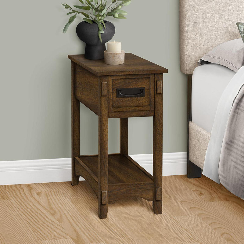Accent Table, End, Side Table, Nightstand, 2 Tier, Narrow, Storage Drawer, Brown Veneer, Transitional
