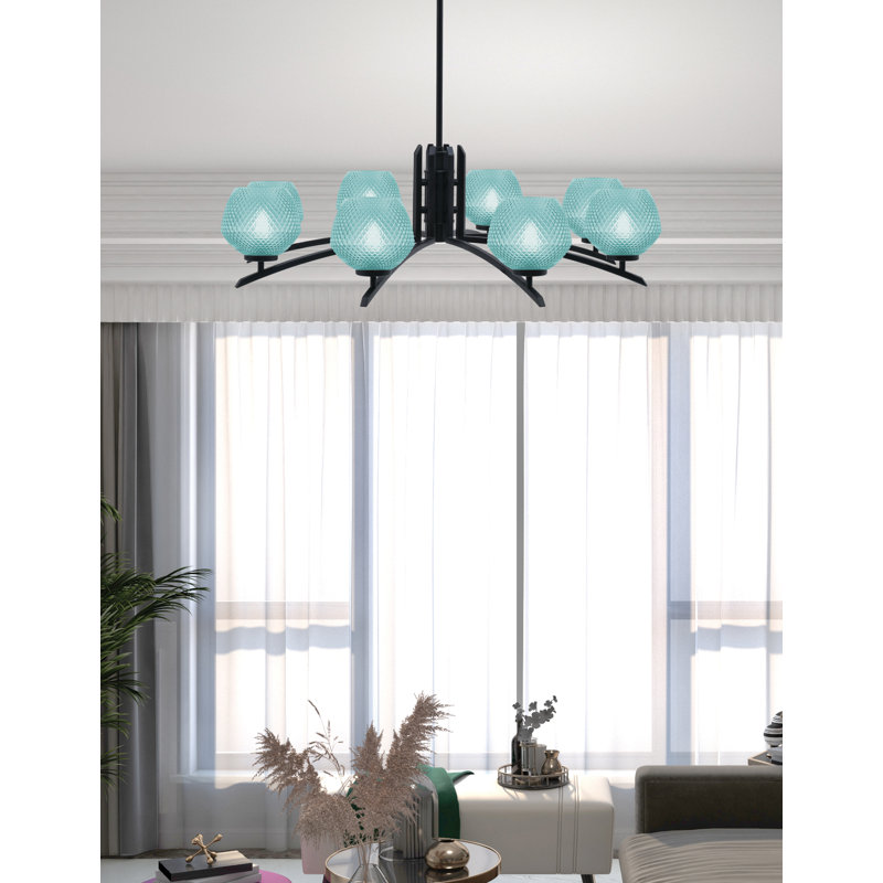 Lustre 8 lumières kurve au fini noir mat avec verre texturé de 6 po, Sarcelle
