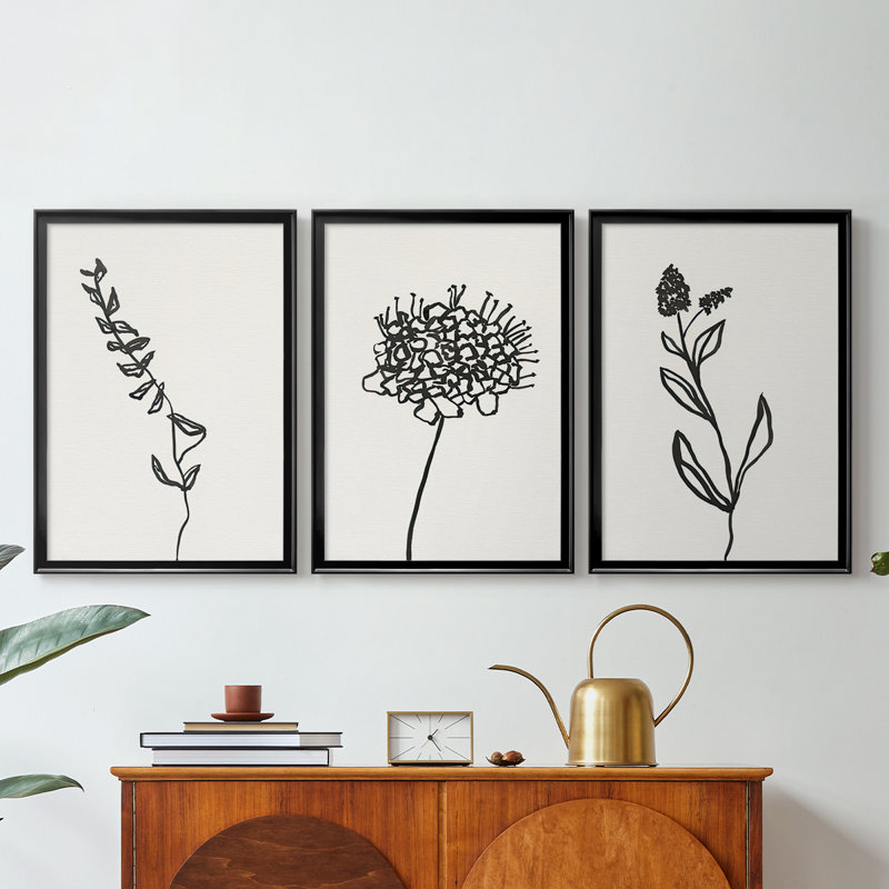 Encre de botanique, croquis à l'encre 9 - Toile tendue avec châssis encadré - 3 pièces