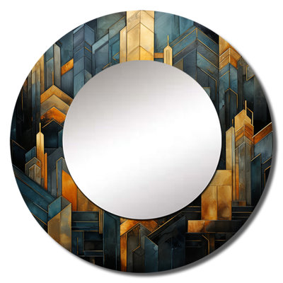 Sarujan Black And Gold Geometrics Arches - Abstract Shapes Unique Mirror, Modern Large Round Wall Mirror, Printed Metal Art