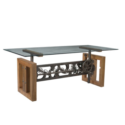 Lakela Industrial Adjustable Dining Table with Repurposed Steel Gears and Glass Top – 79" Hardwood & Metal Table 