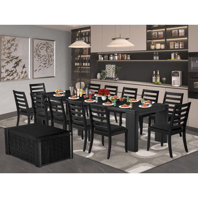 14-piece Modern Dining Table Set a Rectangular Xtenczar Dining Table with a coffee Table and 12 Black Linen Fabric Stackable Chair, Wire Brushed Black Finish.