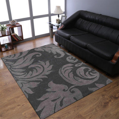 Tapis en laine touffetés à la main Hugette - Rectangulaire, couleur gris-noir, motif floral moderne, tapis antidérapants faits à la main épais pour le salon, la chambre à coucher