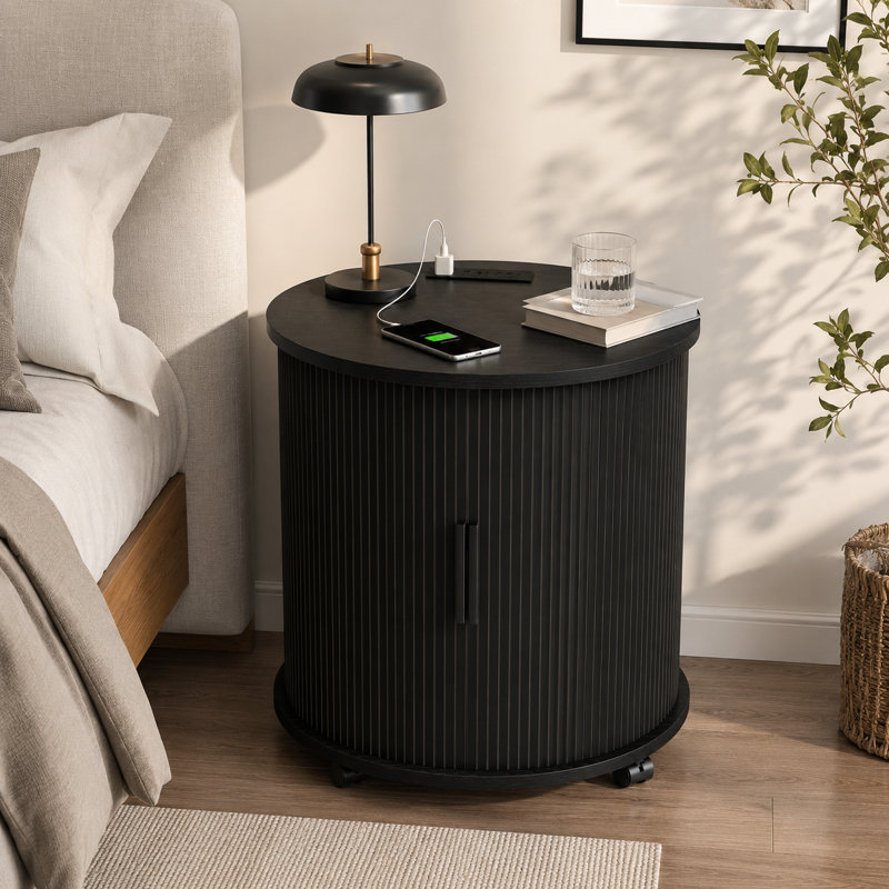 23.62'' Mid-Century Modern Round Nightstand with Charging Station, Black Finish Cylinder Side Table with Sliding Door and Storage