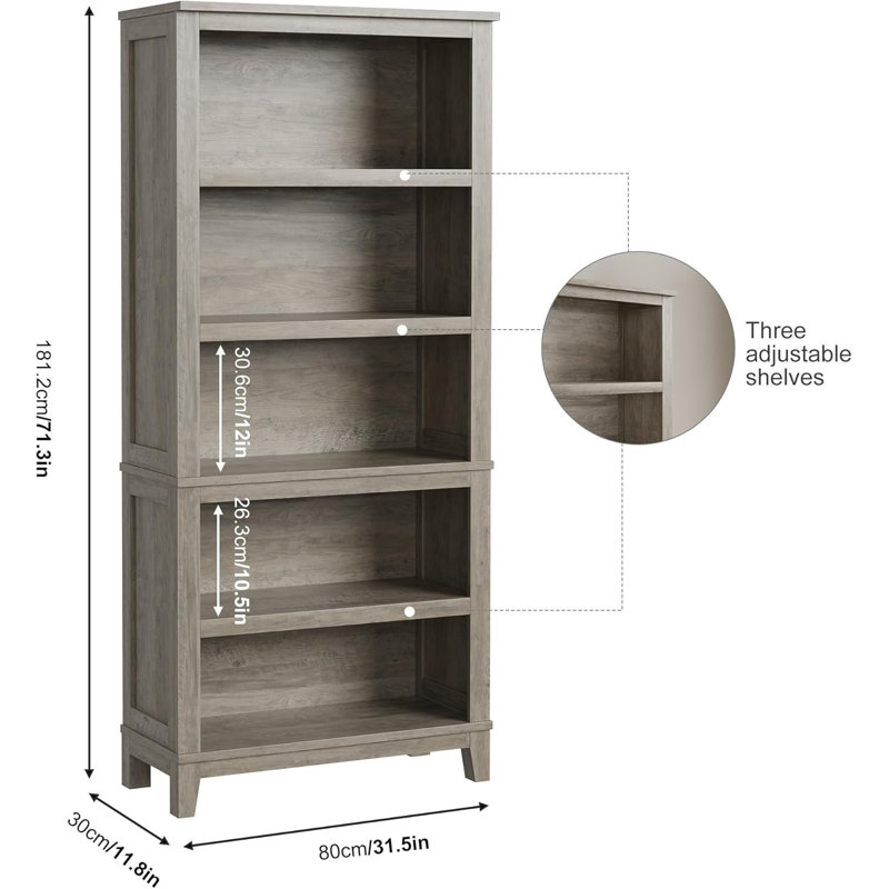 Ensemble de 2 grandes bibliothèques modernes à 5 niveaux - Étagères étroites avec tablettes réglables et pieds en bois - Organisateur de bureau de ferme - Gris
