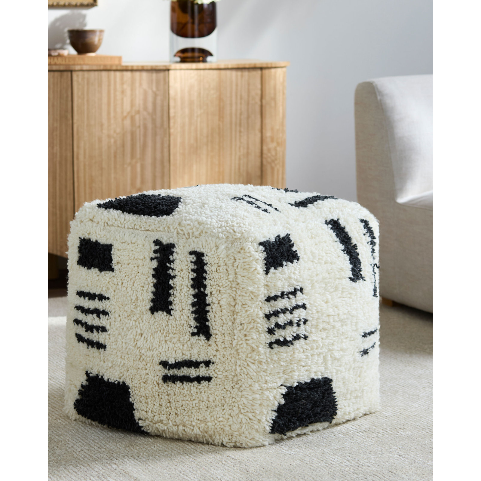 Tuaca Upholstered Pouf, White Boucle