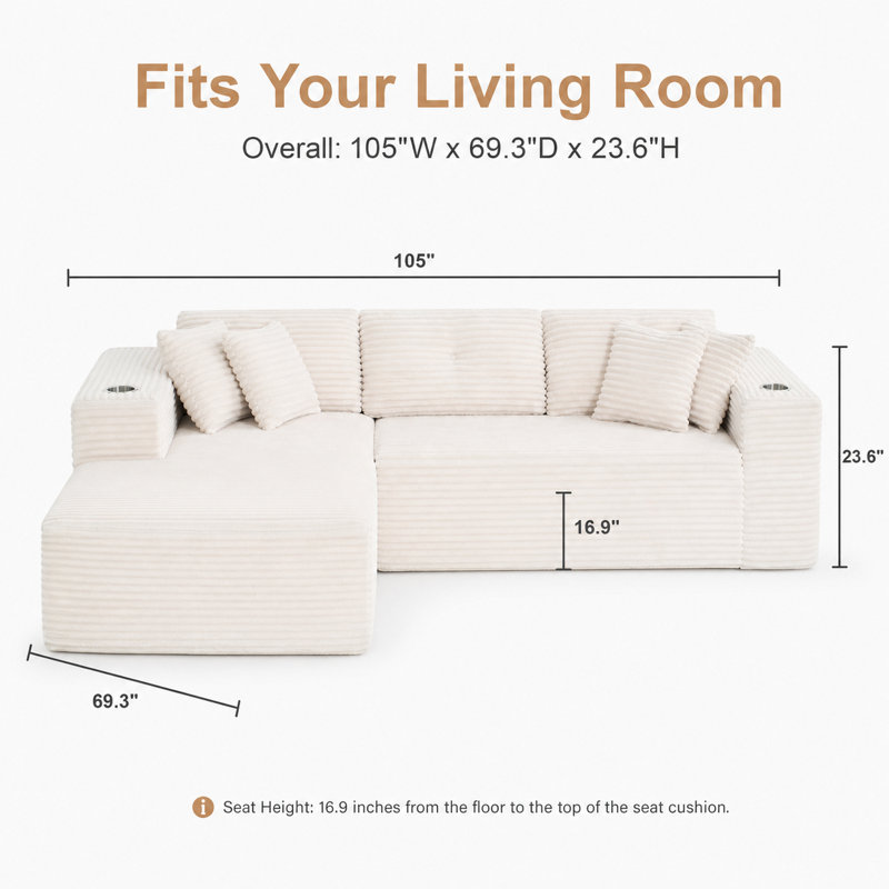 105" Boneless L-Shape Sectional, 3 Seat Oversized Couch with Corduroy Fabric for Living Room, No Assembly Required, Black