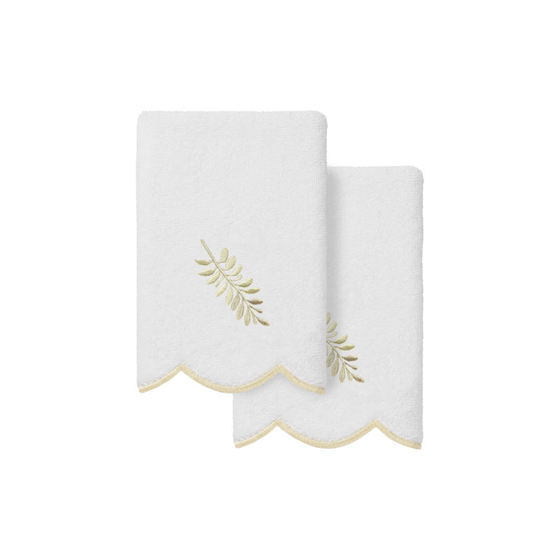  100% Turkish Cotton FERN TOSS Scallop 2PC Embellished Fingertip Towel Set, White/Beige, Fingertip Towel - 2 Pack