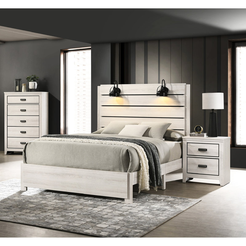 Grand lit transitionnel en bois, finition blanc crème, mobilier de chambre à coucher fabriqué en bois massif moderne