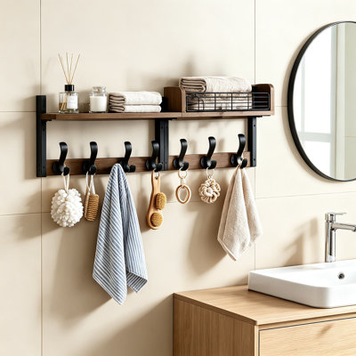 Porte-manteau mural avec tablette, organisateur d'entrée en bois avec crochets et porte-courrier, rangement 4 en 1 pour couloir, chambre et salon
