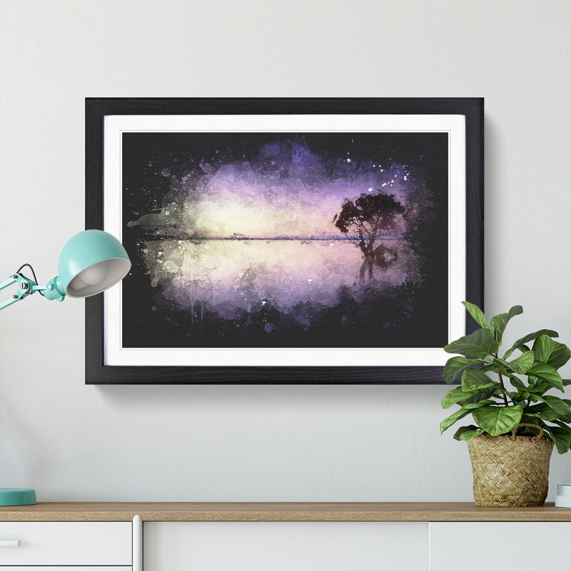 Tree Alone During a Purple Sunset - Picture Frame Graphic Art Print, 24cm H x 33cm W x 2cm D, Black Framed
