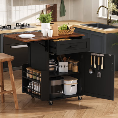  39.3" Kitchen Island with Drop Leaf, Rolling Kitchen Cart with Storage Drawer and Spice Rack, Modern Style, Black