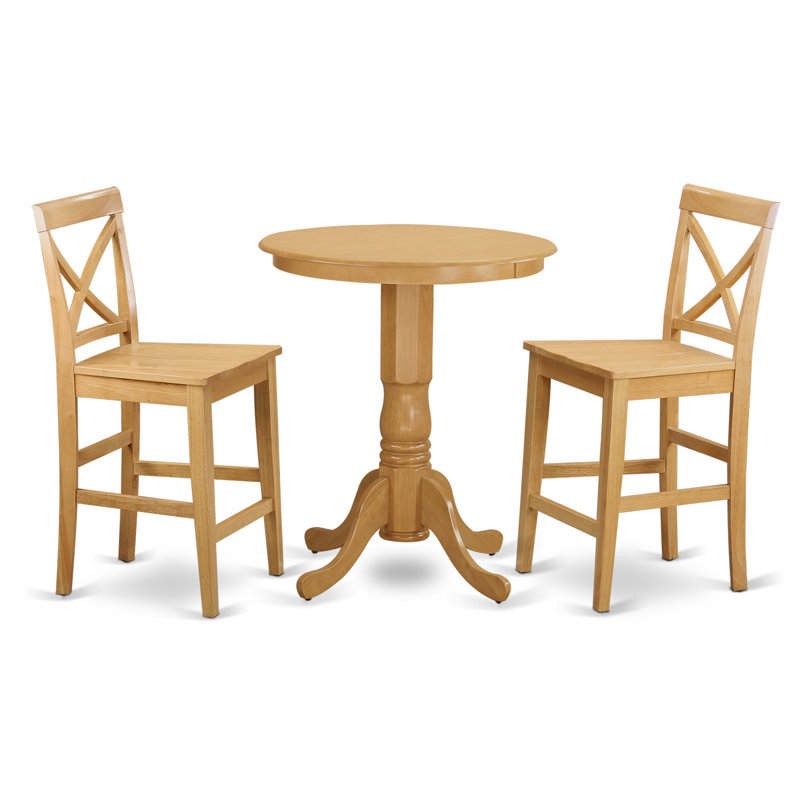 3 Piece Counter Height Dining Table Set Contains a Round Wooden Table with Pedestal and 2 Kitchen Dining Chairs, Oak, Wooden