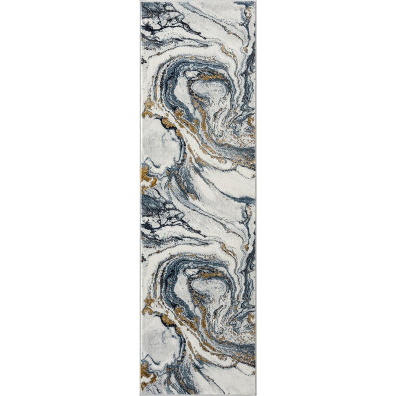 Gangleri Blue Gold Marble Area Rug, Runner 2' x 7'