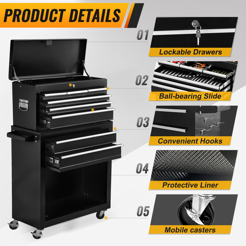 High capacity rolling tool chest with Wheels and Drawers, 8-Drawer Tool Storage Cabinet