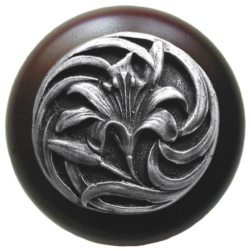 Poignée champignon floral de 1,5 po de diamètre, Étain antique / bois de noyer foncé